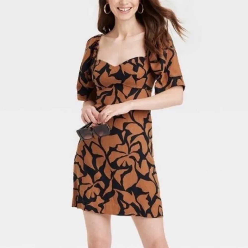 women’s puff sleeve black and brown linen blend mini shift dress - a new day!